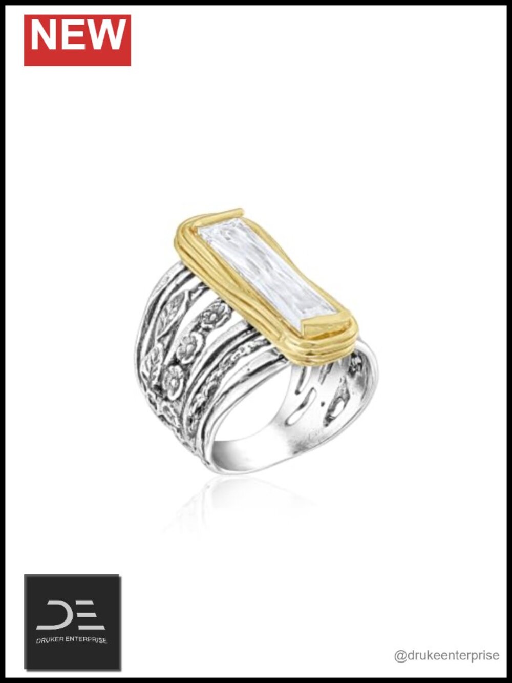 Sterling Silver 14k Gold Plated CZ Floral Statement Ring New Size 6